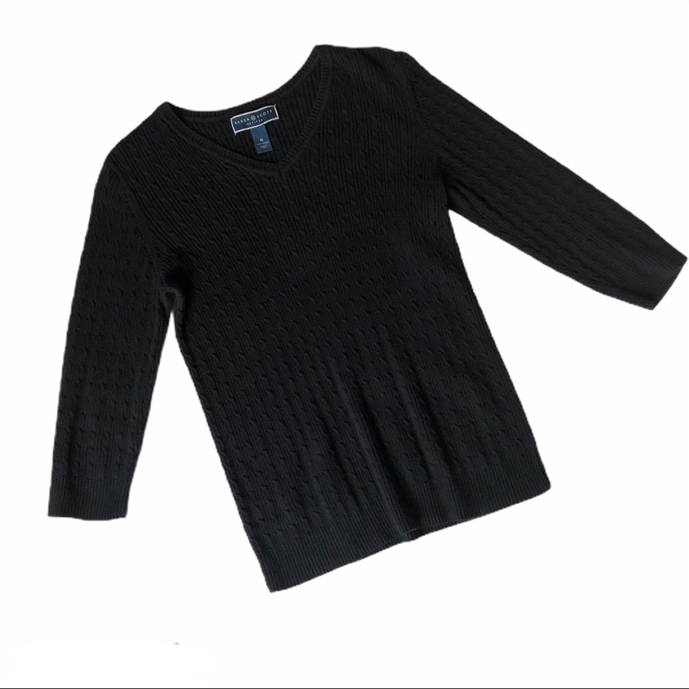 Karen Scott Cable Knit Cotton Sweater Top V Neck 3/4 Sleeve Black Petite